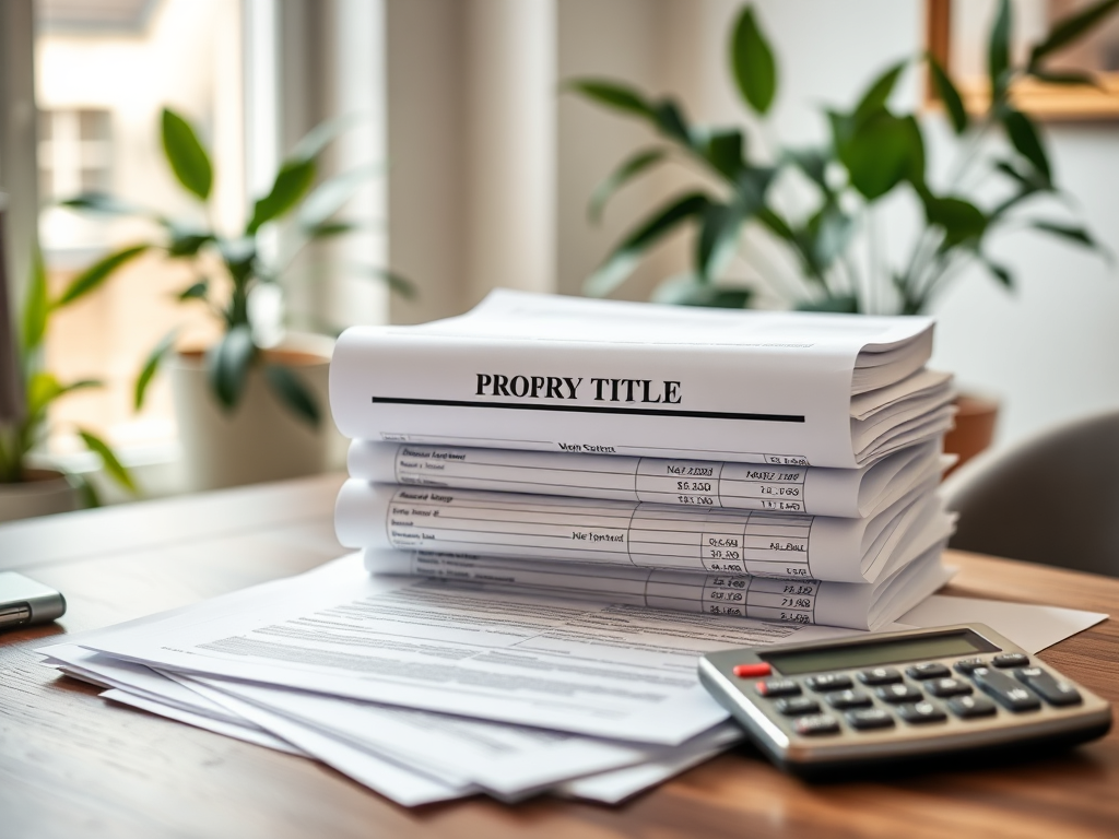 На столе лежат листы с документами, заголовок "PROPERTY TITLE" и калькулятор. В фоне видно зелёные растения.