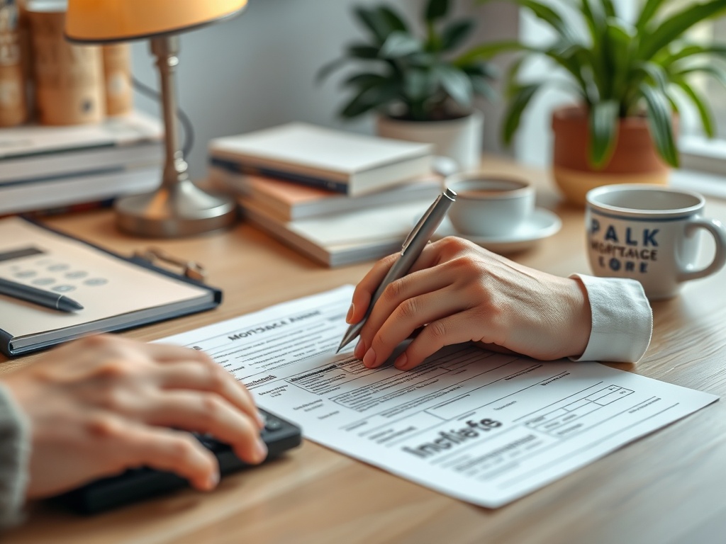 На столе уютного рабочего места лежат бумаги, компьютер, кофе и растения, создающие комфортную атмосферу.