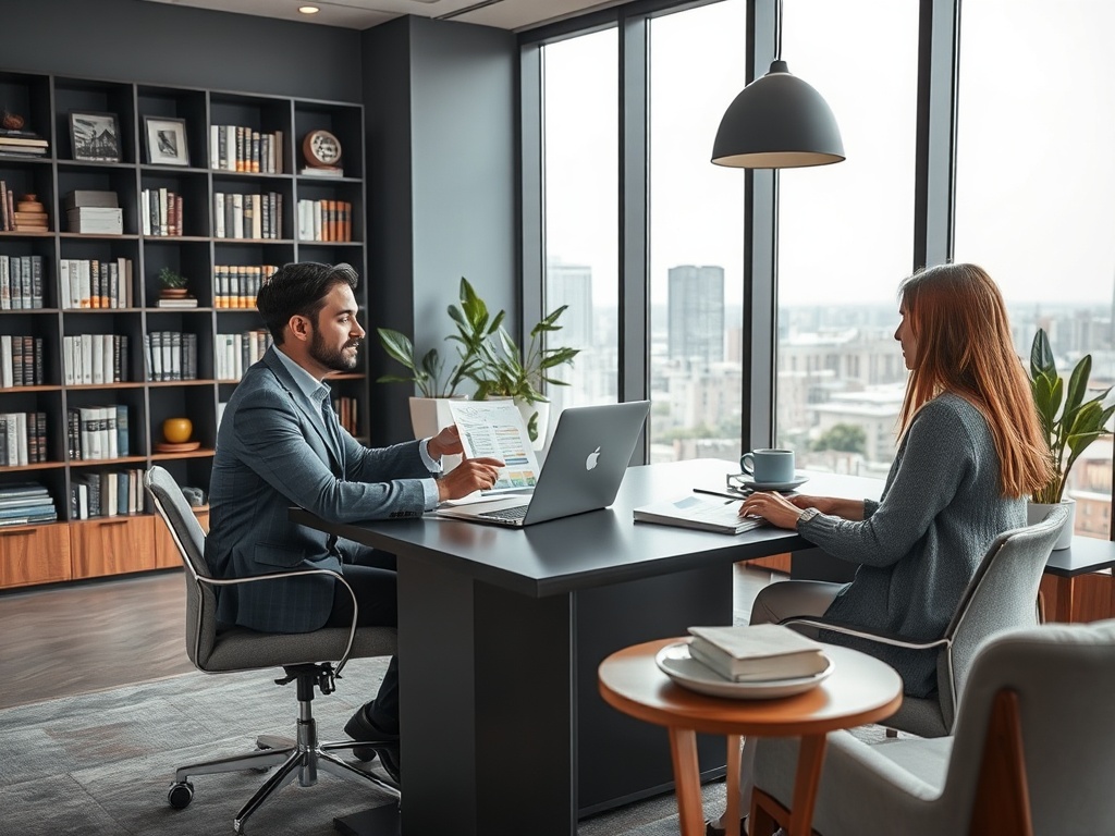 Два человека обсуждают документы в современном офисе с большими окнами и библиотекой на фоне.