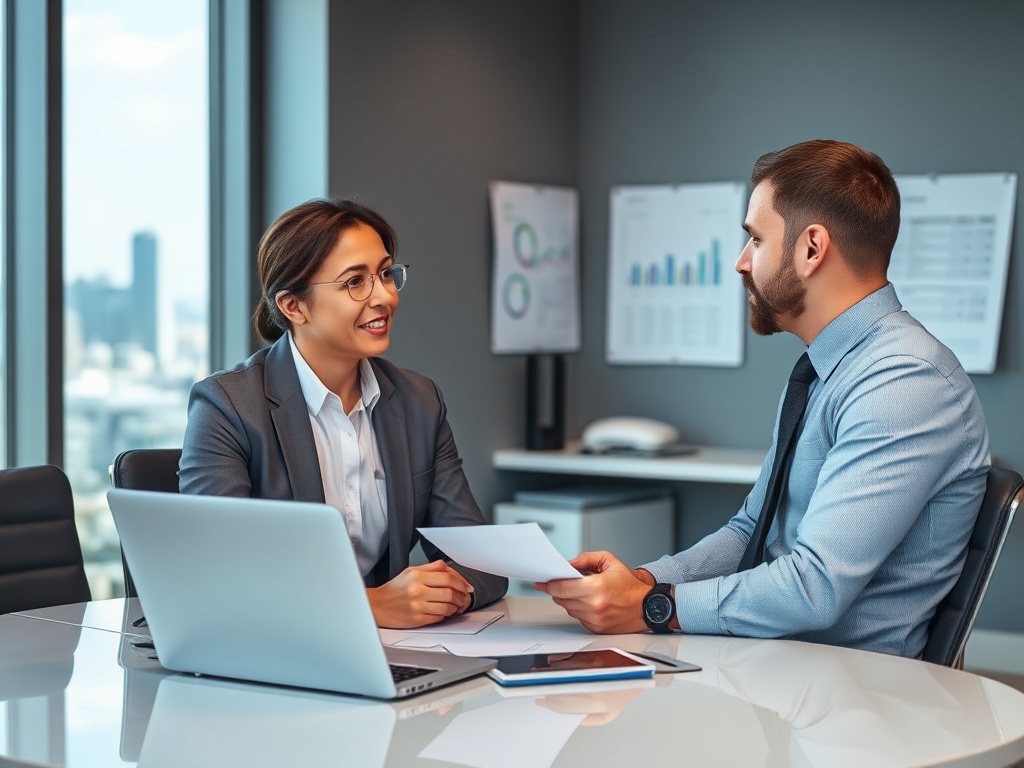 Два человека в деловых костюмах обсуждают документы в офисе с видом на город. На столе ноутбук и планшет.