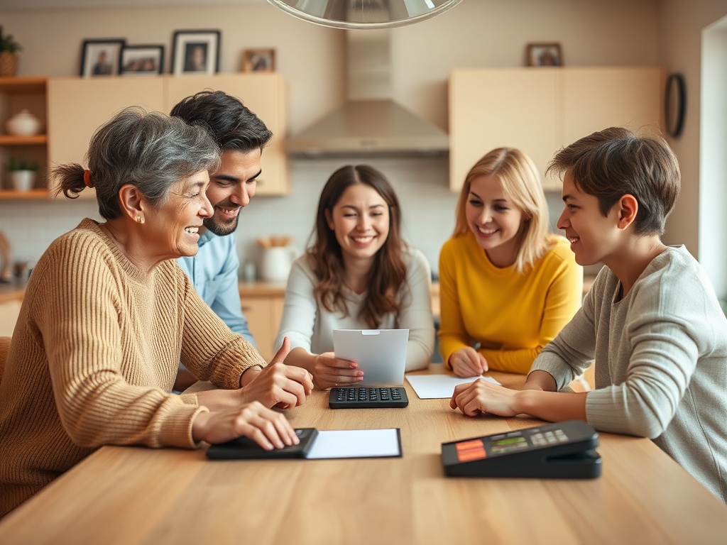 Группа из пяти человек смеется и обсуждает что-то за столом в уютной кухне. На столе бумаги и калькулятор.