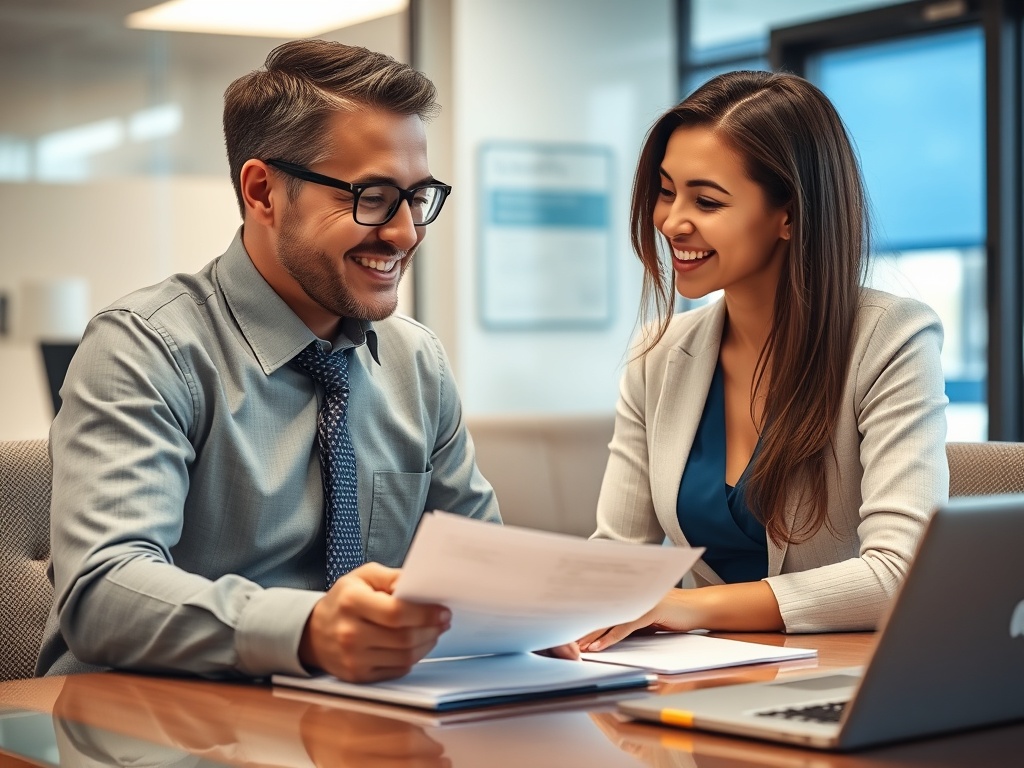 Два человека обсуждают документы за столом в офисе, оба улыбаются и выглядят вовлечёнными в разговор.