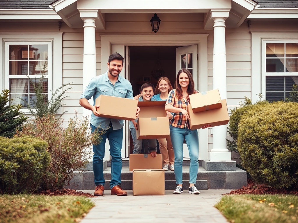 Семья стоит на протяжении дома, улыбаясь и держа коробки. Они выглядят счастливыми и готовыми переезжать.