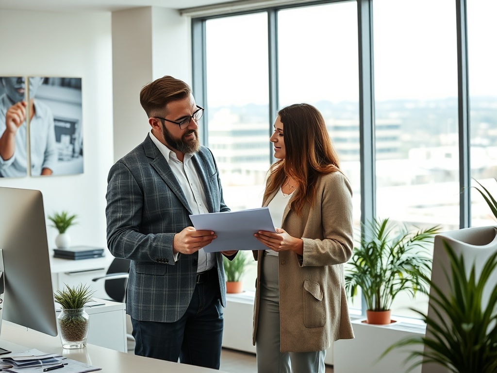 Два человека обсуждают документы в современном офисе с большими окнами и зелеными растениями.