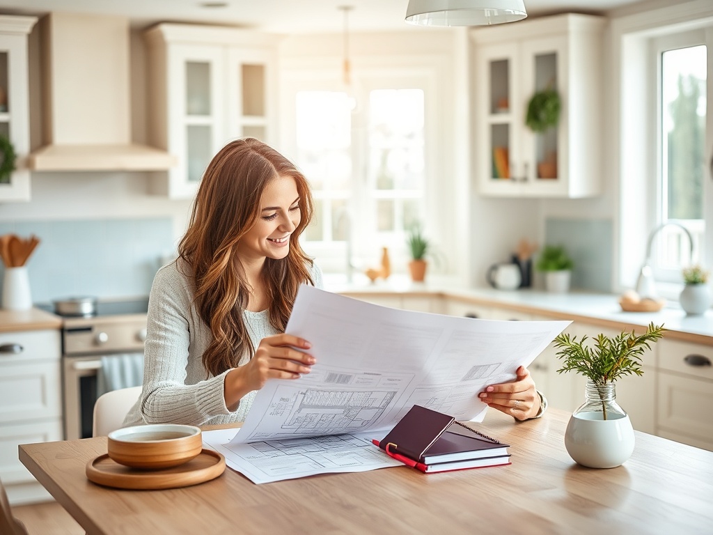 Молодая женщина улыбается, рассматривая чертежи за столом в светлой кухне. На столе книги и цветок в вазе.