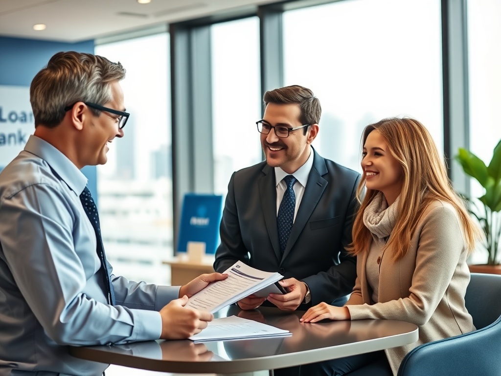 На встрече в офисе банка мужчина и женщина обсуждают документы с консультантом. Улыбки и доброжелательная атмосфера.