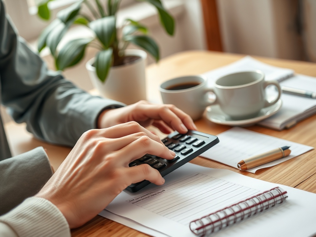 Человек считает на калькуляторе, рядом чашки с кофе и блокнот на деревянном столе.