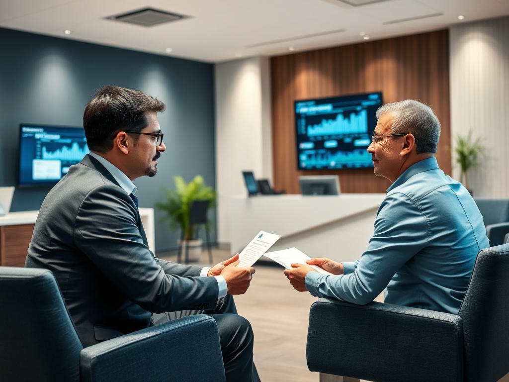 Два бизнесмены обсуждают документы в современном офисе, на заднем плане видны мониторы с графиками.