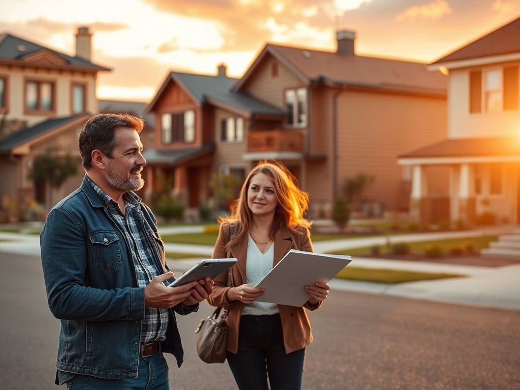 Два человека обсуждают что-то, держа планшеты, на фоне современных домов на закате.